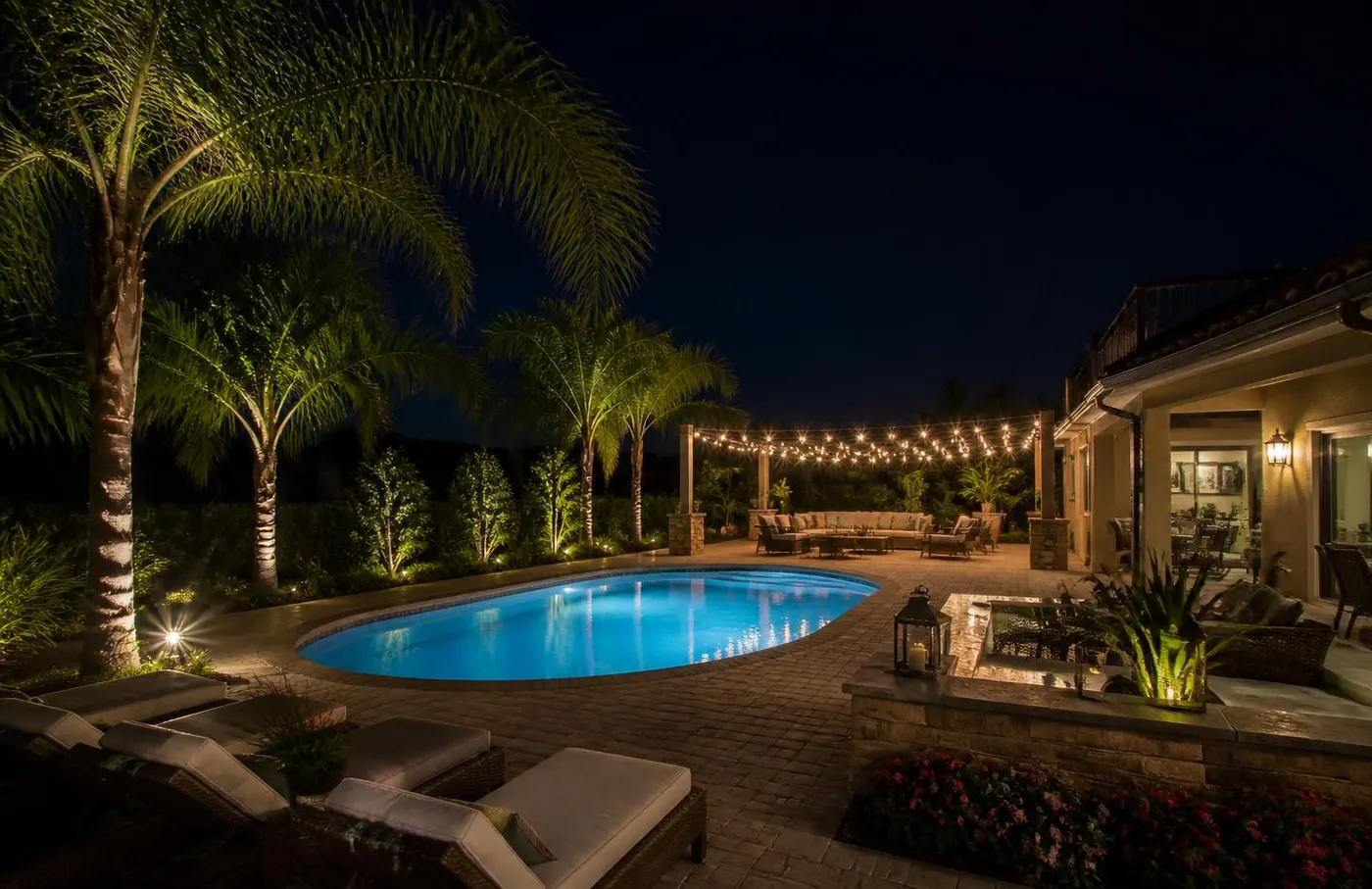 Same backyard after installation with uplit palms, glowing pool and cafe string lights