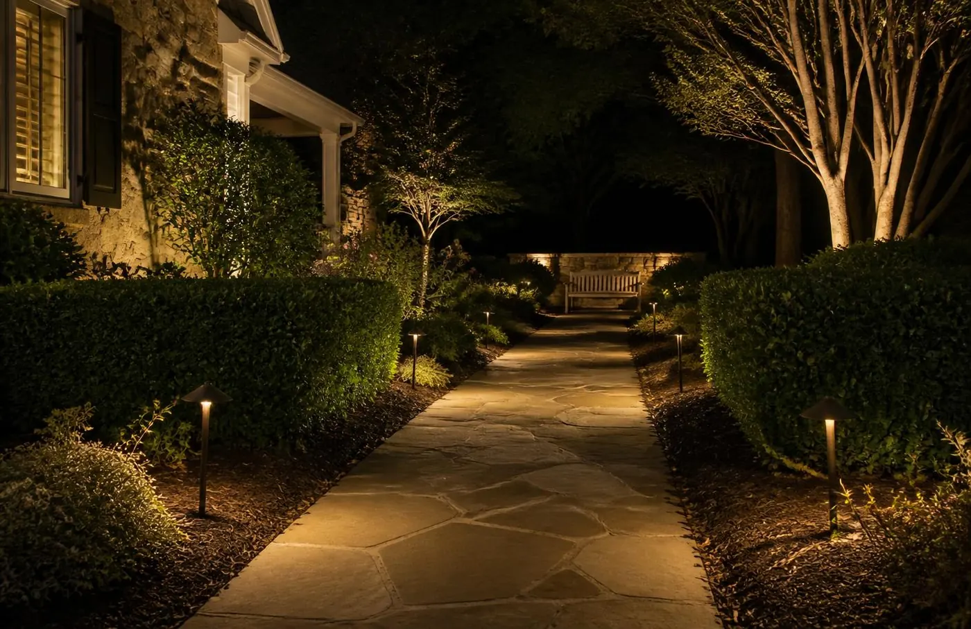 Same walkway after installation with warm path lights pooling evenly on flagstone