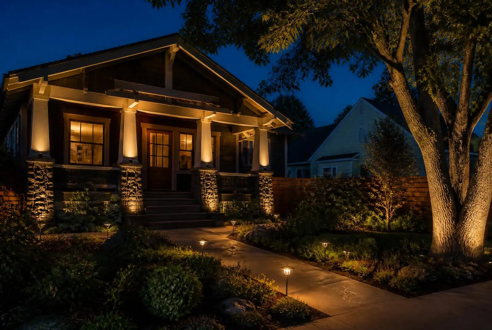 Whittier craftsman bungalow on a tree-lined street lit at night
