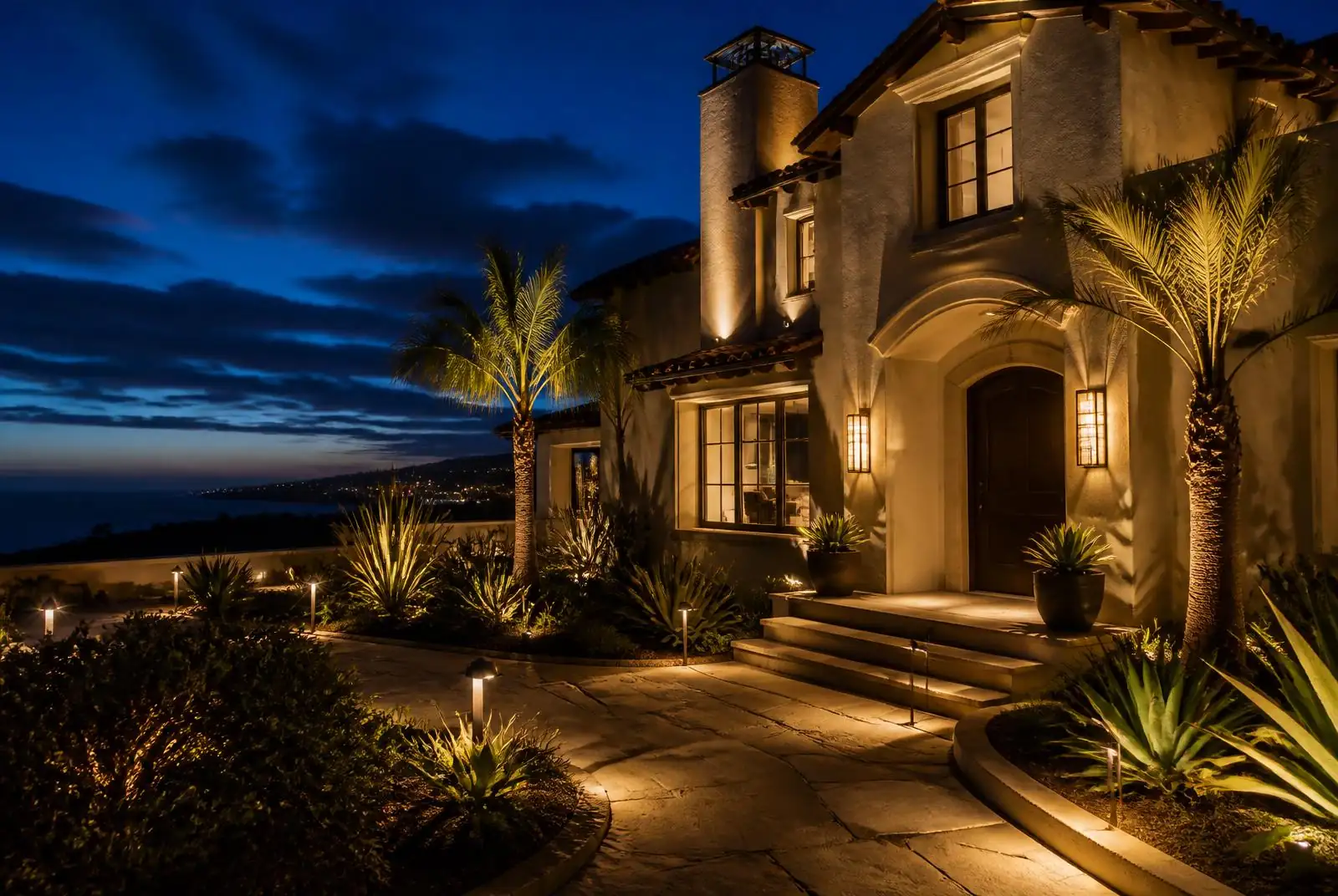 Laguna Beach coastal beach home lit with warm landscape lighting at night