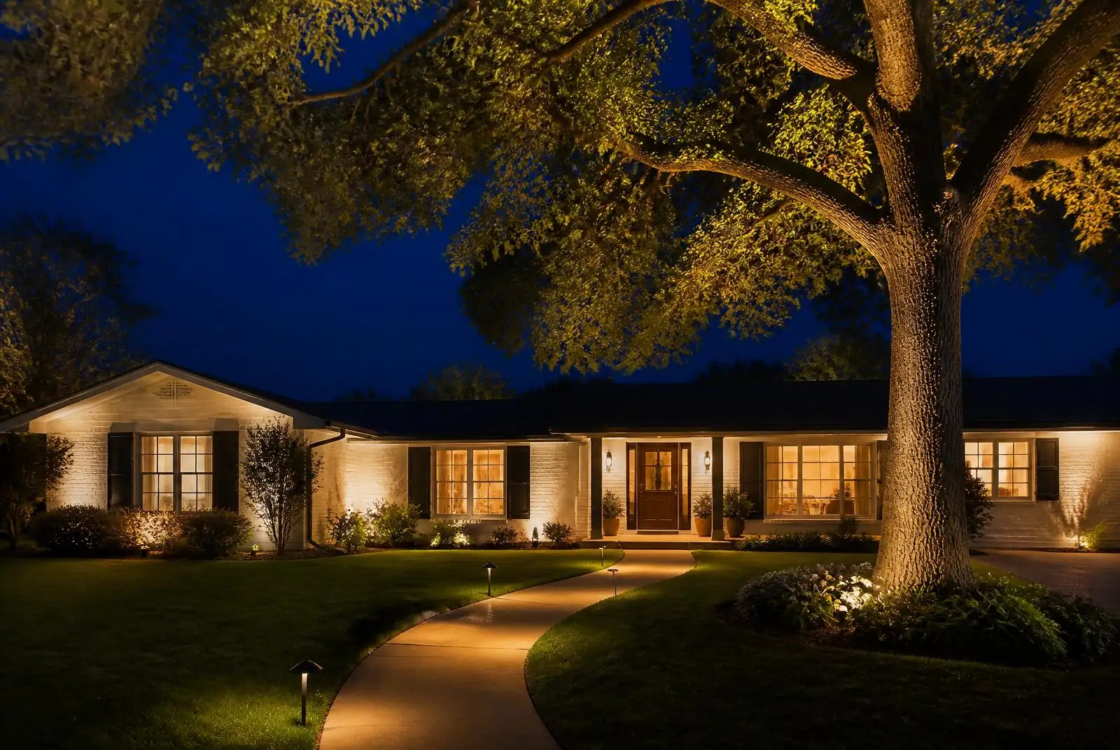 Whittier single-story ranch home with an uplit shade tree at night