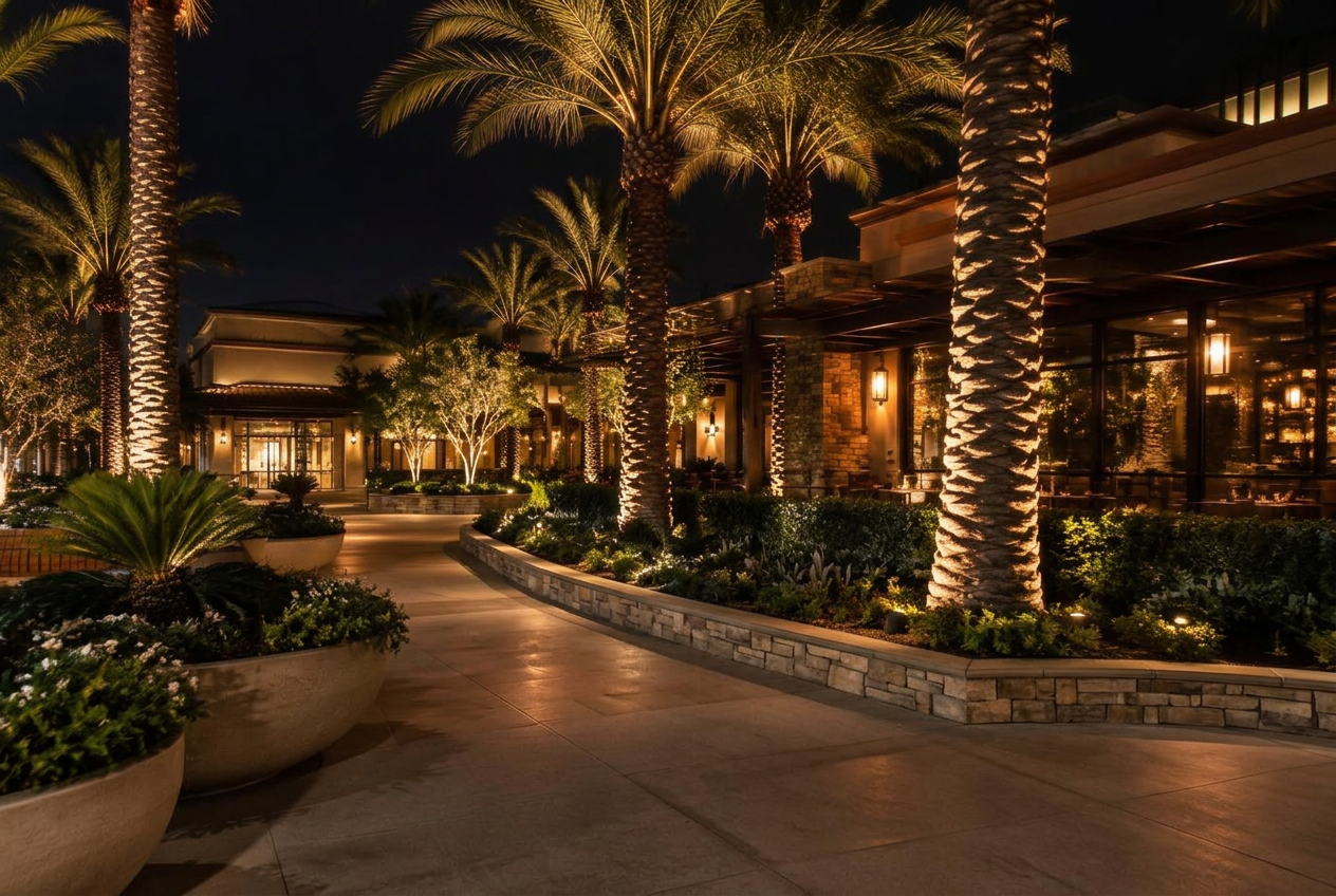 Community common area with even, warm landscape lighting at night
