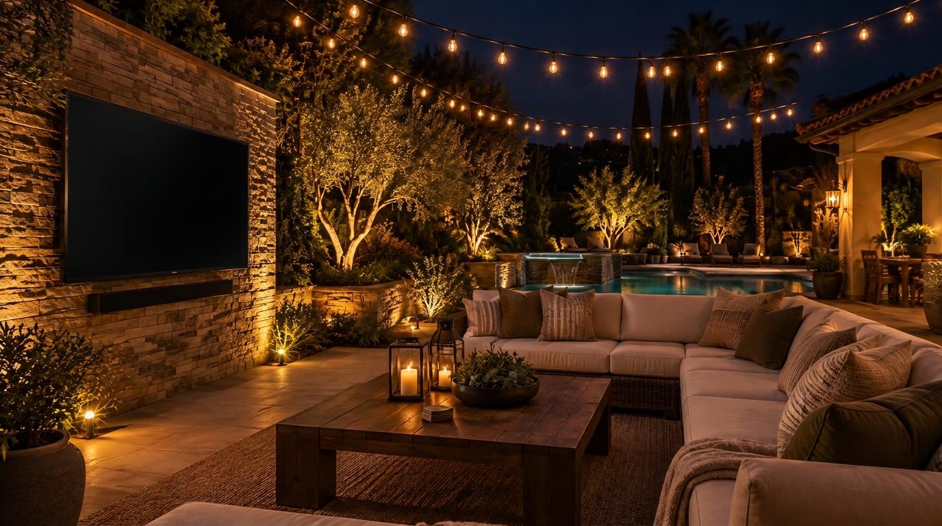 Outdoor AV on a Los Alamitos property at night