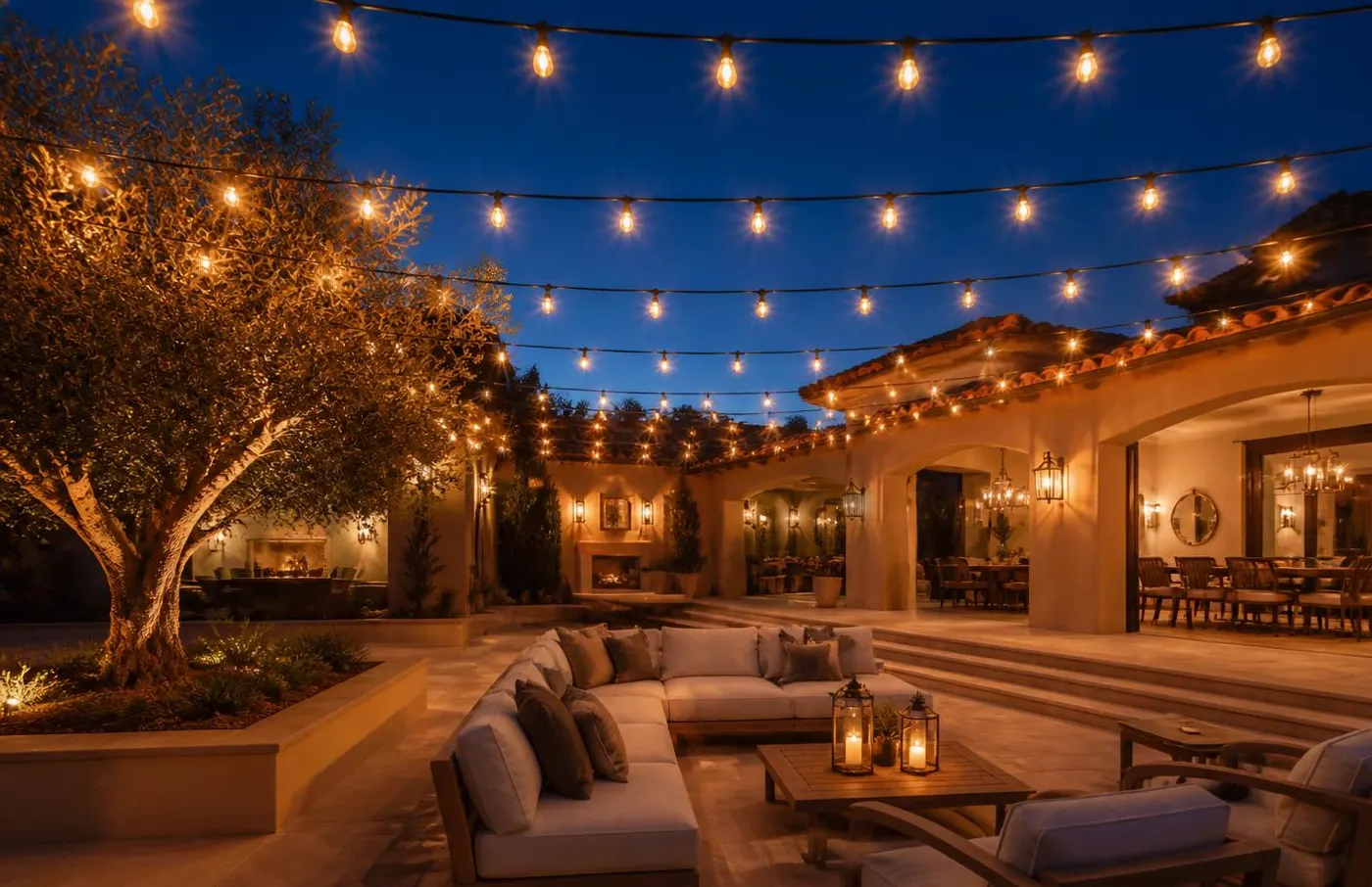 String Lights on a Corona del Mar property at night