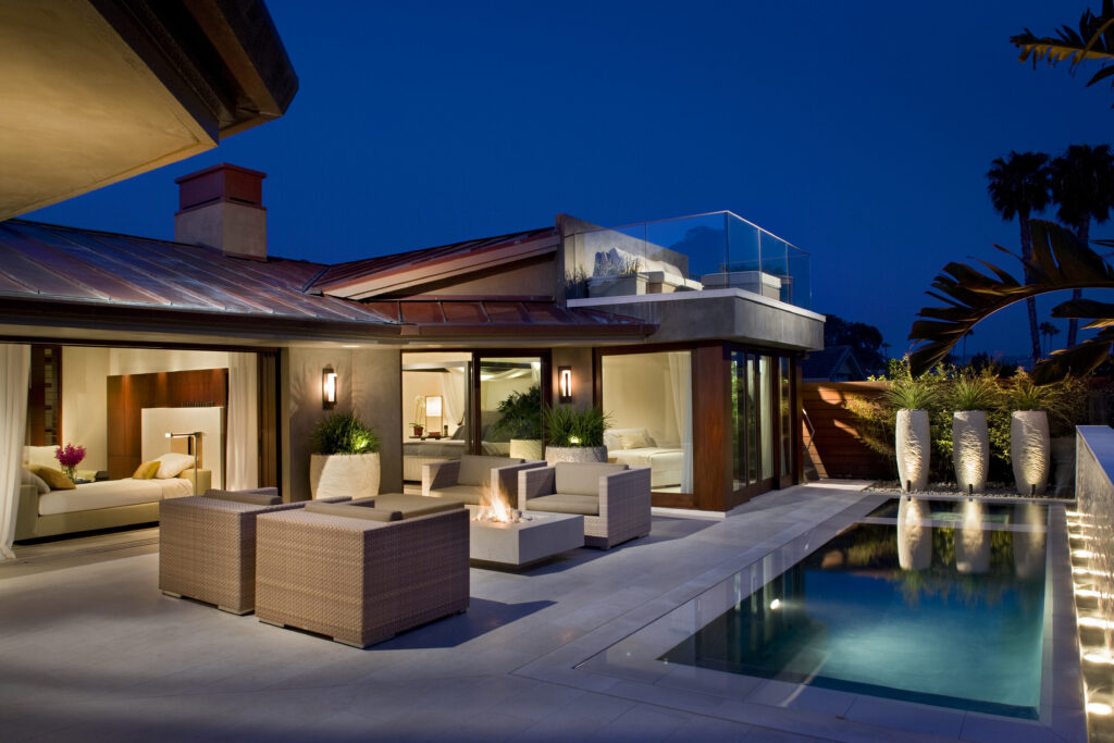 outdoor tv and audio entertainment space with LED Landscape spot up Lights